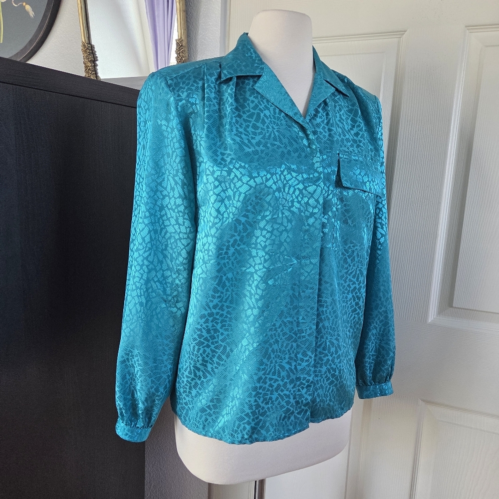 vintage 80's Summerfield blue turquoise long sleeve blouse Button Down Size 10